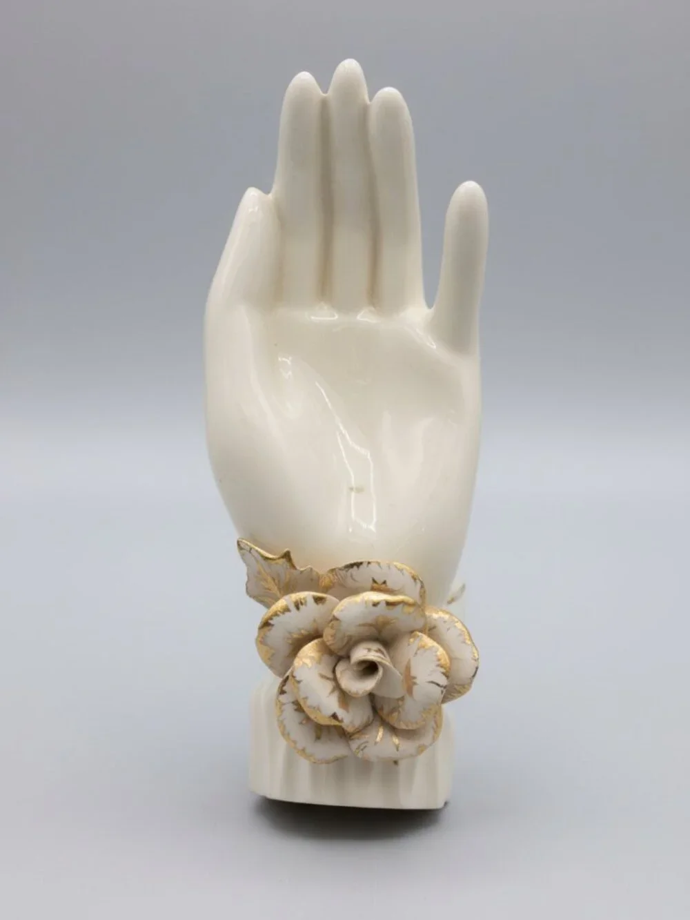 Vintage Mid-Century Porcelain Hand Jewelry Holder Ring Tree Vase Rose Gold Gilt